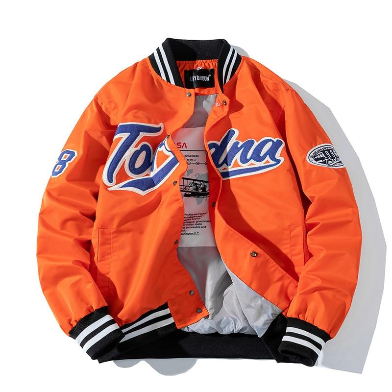 Hip Hop Baseball Jacke Männer Frauen Stickerei Jacke Brief Streetwear Jacke Mode Vintage Windjacke Paare Frühling Herbst L orange