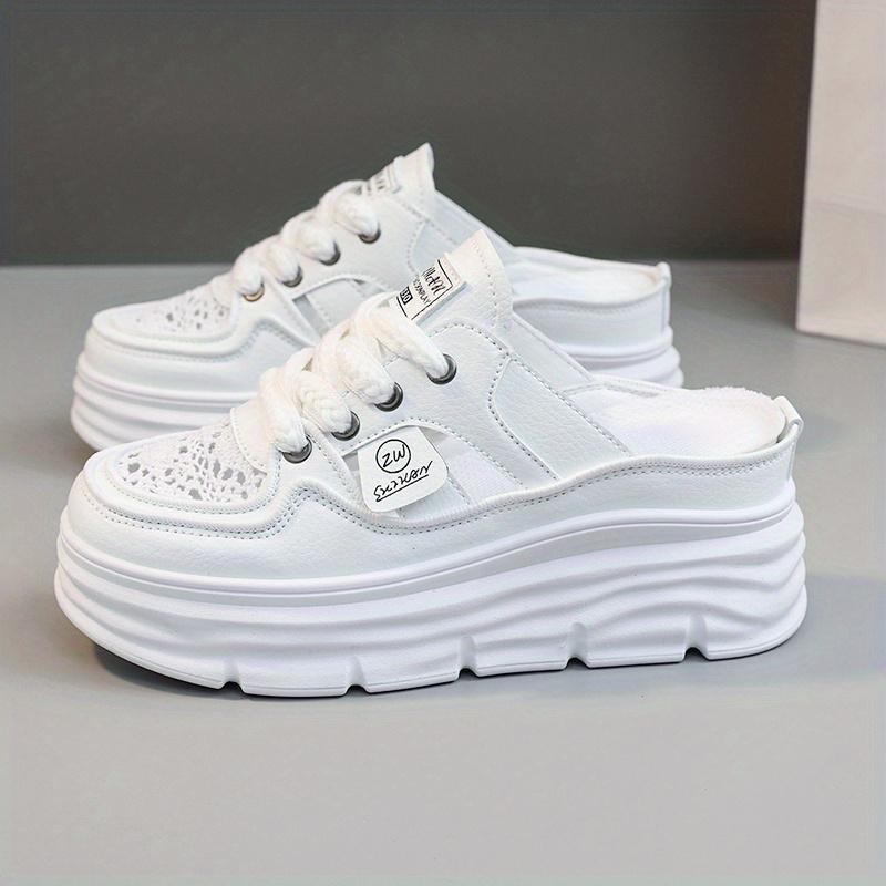 Atmungsaktive Plateau-Mule-Sneaker für Damen – bequeme Schnür-Sommerschuhe 34 weiß