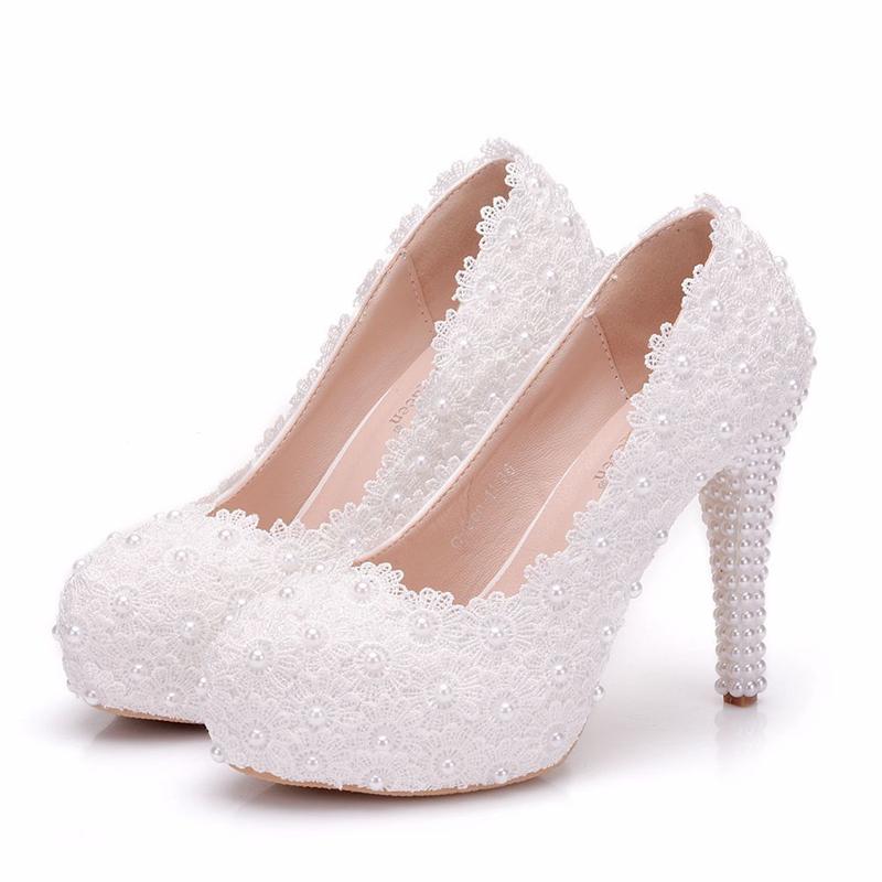 Damen Plateau High Heels Blumen weiße Spitze Hochzeitsschuhe Damen Pumps große Größe Damen Brautschuhe Damen High Heels 38 weiß