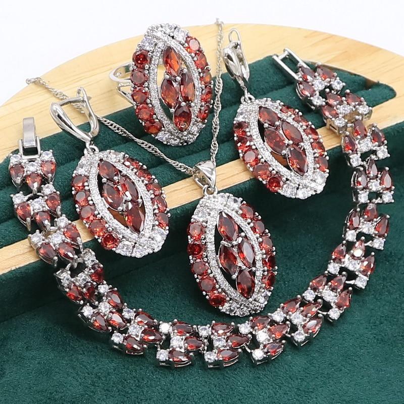 Roter Granat Silber Farbe Schmuck set für Frauen Hochzeit Armband Ohrringe Halskette anhänger Ring Geburtstag Geschenk 7 rot