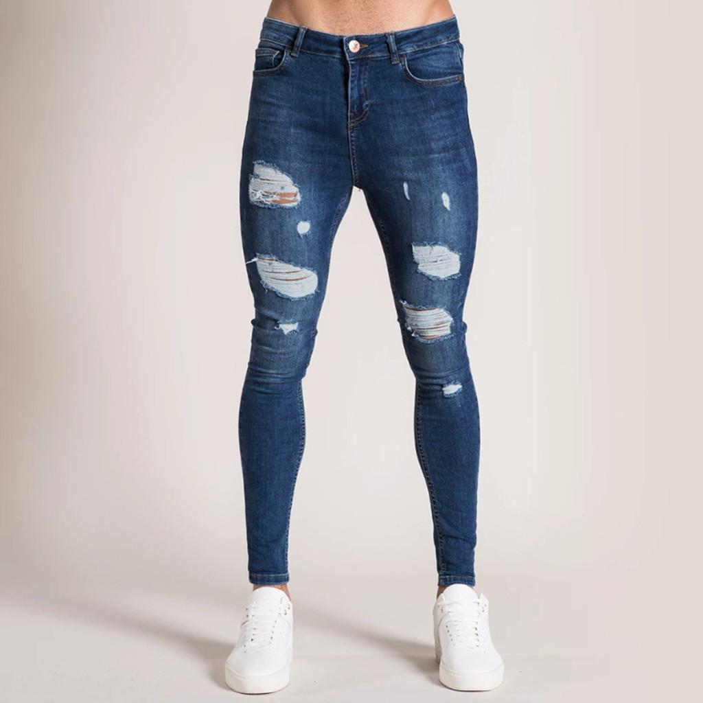 Herrenmode Denim Lochhose Distressed Jeans Lange Bleistifthose XXXL ultramarin blau