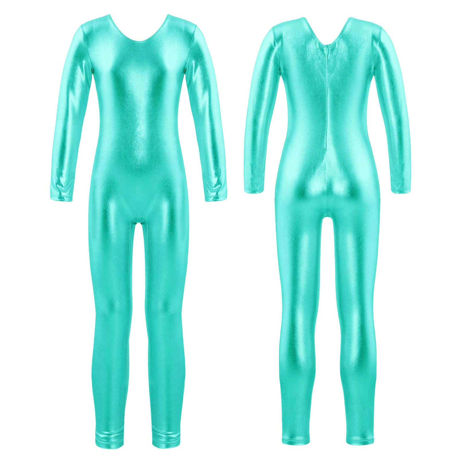 Kinder Mädchen Langarm Ballett Tanz Trikot Gymnastik Ganzanzug Shiny Metallic Ballerina Trikot Body 11-12 Years see-grüne