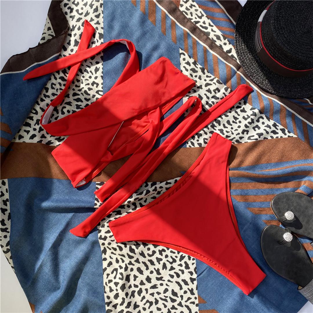 Wrap-Around-Bikini mit Ausschnitt, Damen-Badeanzug, Damen-Bademode, zweiteiliges Bikini-Set, Neckholder-Badeanzug, Badeanzug L rot