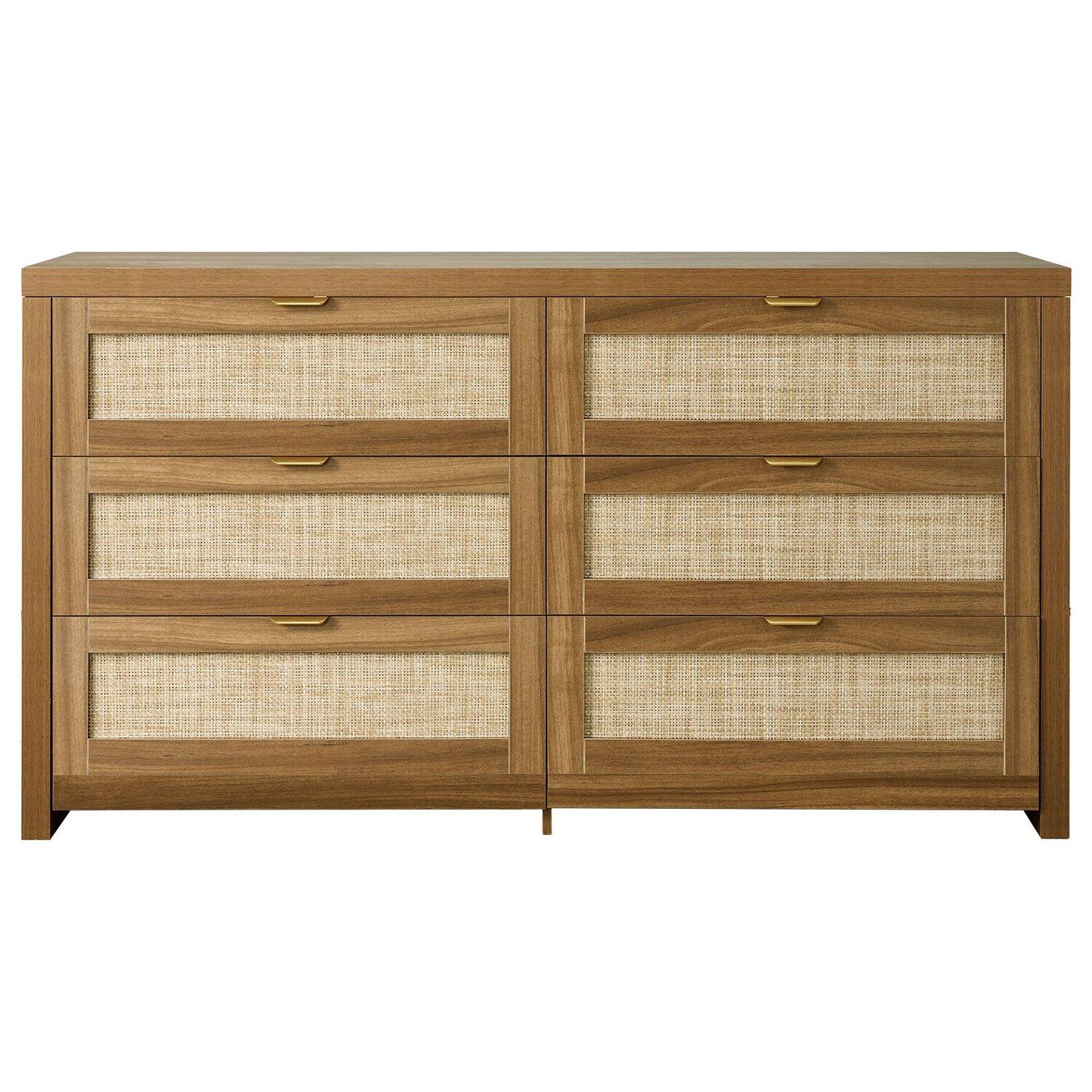 6-Schubladen Rattan Kommode, Doppelte Kommode für Schlafzimmer, Natürliche Rattan Schubladenkommode mit Metallgriff, Moderner Holzschrank Kleiderorganizer & Aufbewahrung