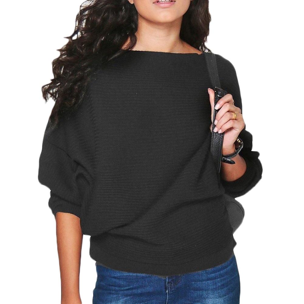 Neuankömmling Herbst Winter U-Boot-Ausschnitt Pullover Pullover Primer Shirt Bluse Fledermausärmel Dolmanärmel Strickstoff Pullover Top S schwarz