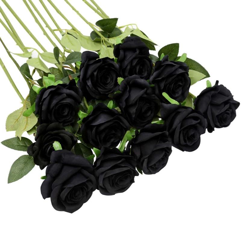 12 Stück große künstliche Seidenrosen, künstliche Blumen mit langem Stiel, künstliche Rosen, lebensechte Blumen für Hochzeit, Zuhause, Party, Tischdekoration schwarz