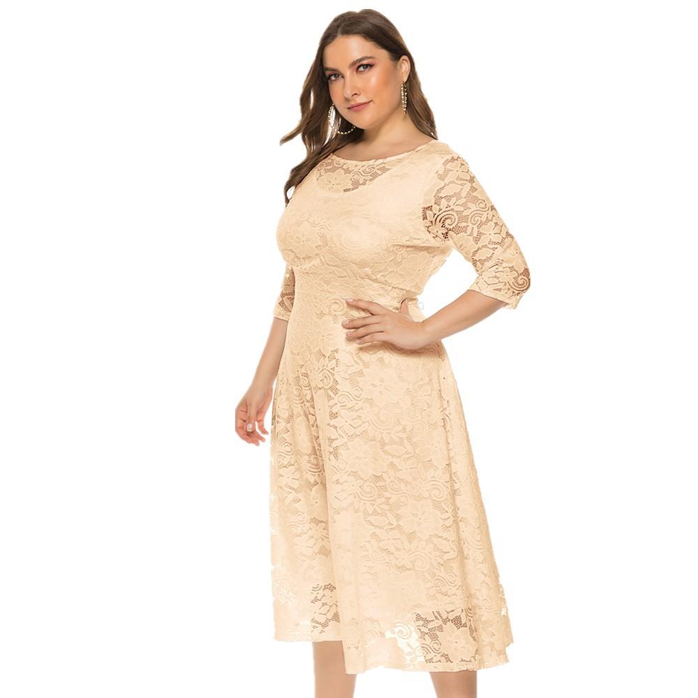 Plus Größe Xl-6xl Neue Mode Beliebte Abendkleid Mittlerer Länge Hohle Spitze Frauen Kleider Rot Weiß Schwarz Blau Grün Kleidung XL apricot