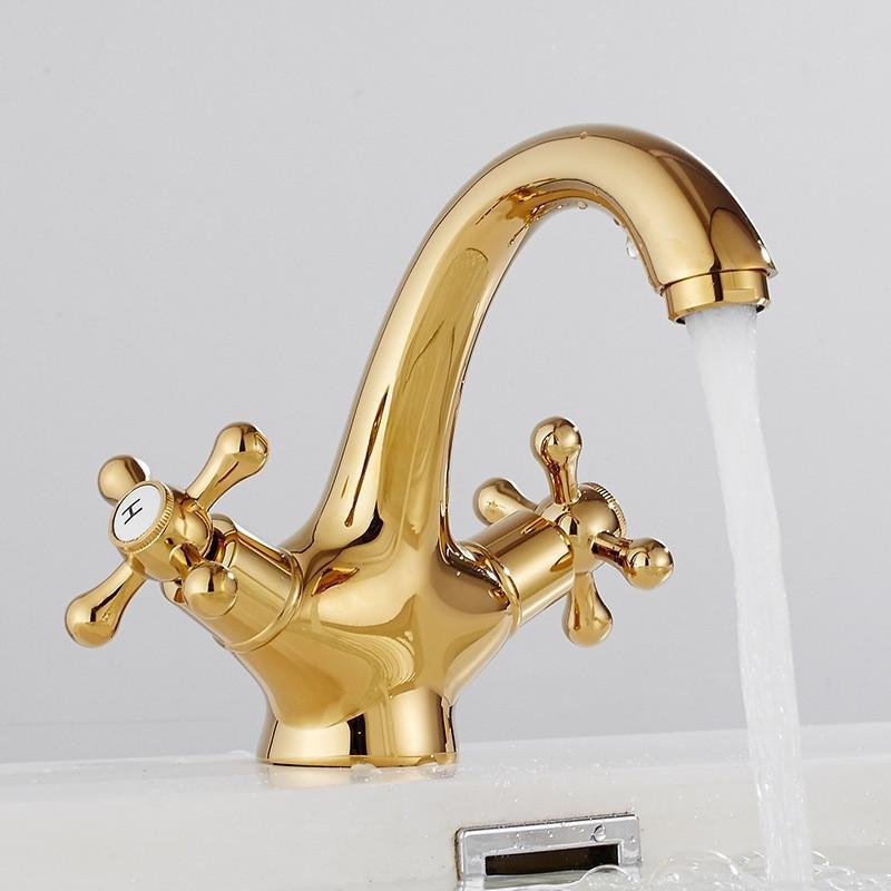 Antike Badezimmerarmatur Messing Gold Badezimmerbeckenarmatur Kalt- und Warmwassermischer Waschtischarmatur Doppelgriff Deckmontierte Armatur gold