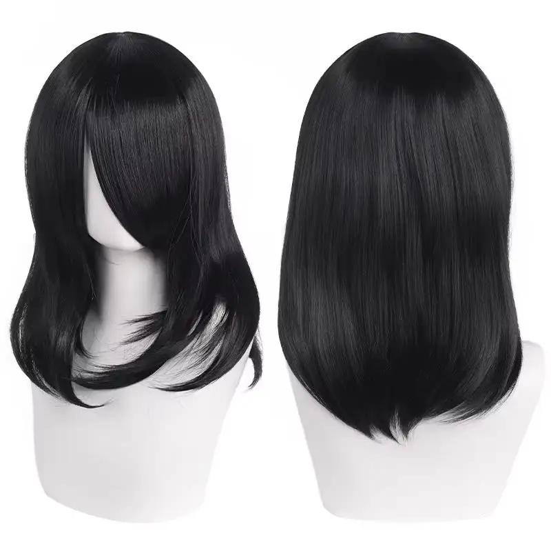 QQXCAIW Hohe Qualität 40cm Mittellange Cosplay-Perücke Mit Pony Schwarz Blond Pink Rot Blau Lila Hitzebeständiges Synthetisches Haar-Perücken schwarz