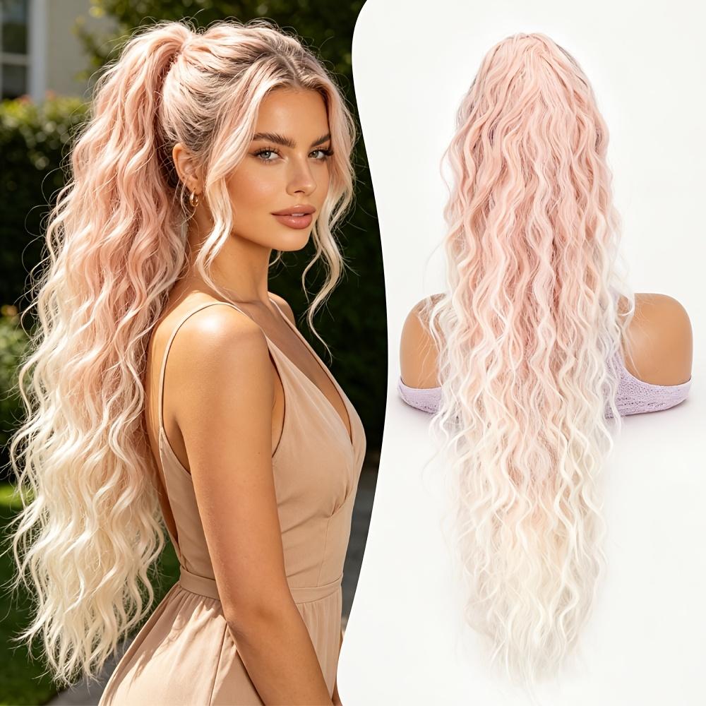 Wellenförmige Klammer-Pferdeschwanz-Extensions - Hochtemperatur-Synthetikhaar, Grau-weiß, Multifunktionales tägliches Accessoire 71.12cm beige