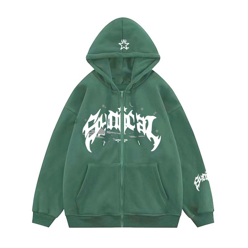 2024 Frühling und Herbst Neue trendige amerikanische Retro-Buchstaben-Sterne-Print-Jacke Hoodie Trendy Herren lose lässige einfarbige Jacke XXL grün