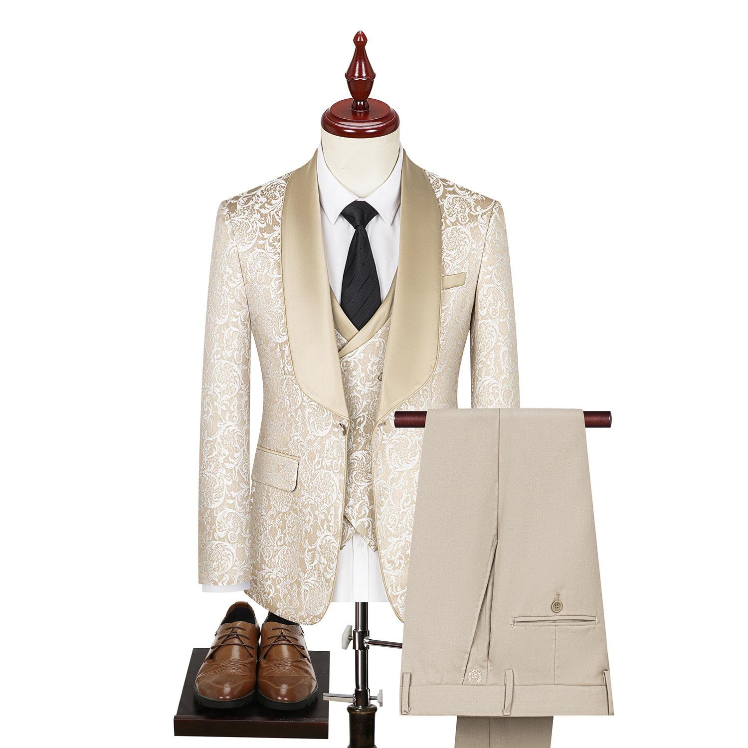 Frühling Herren (Anzug + Weste + Hose) Britischer Stil Business Casual Dreiteiler Hochdichtes Jacquard Hochzeitskleid XL beige