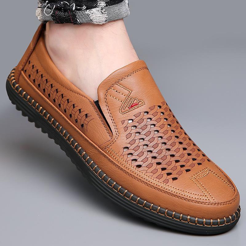 2024 Sommerschuhe für Herren Ledersandalen Atmungsaktive Hollow Out Slip-on Loafers Leder Freizeitschuhe 44 schokoladenbraun