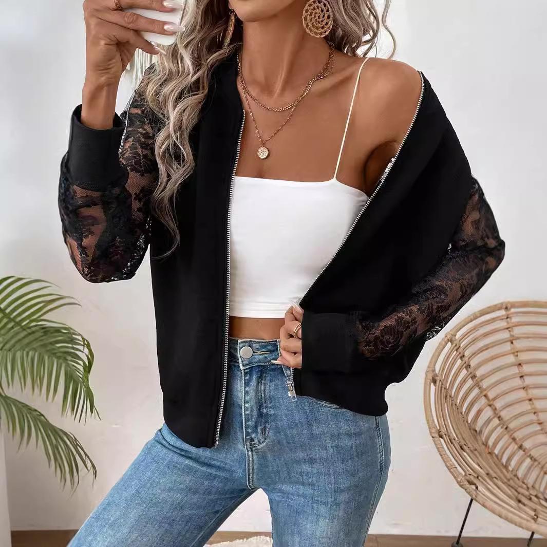 Herbst/Winter Neue Elegante Damen Spitzengenähte Langarm Baseball Kragen Jacke Jacke XXL schwarz