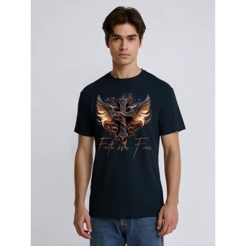Europäische Größen Over Fear T-Shirt mit Rückendruck - Motorradbekleidung mit Engelsflügel & Kreuz, Lässiges T-Shirt mit Rundhalsausschnitt für Biker-Enthusiasten & Glaubensbekleidung 4XL schwarz