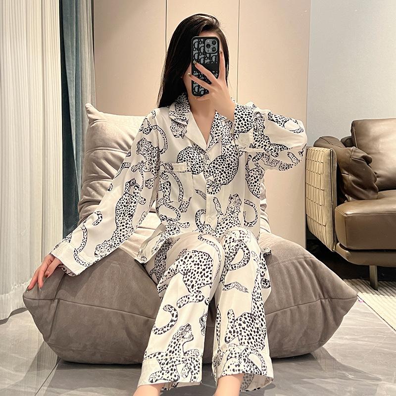 Frühlings- und Herbst-Satin-Pyjama Revers Bedruckter Pyjama Damen Langärmelige Hose Hauskleidung Locker Lässig 2-teiliger Pyjama XL