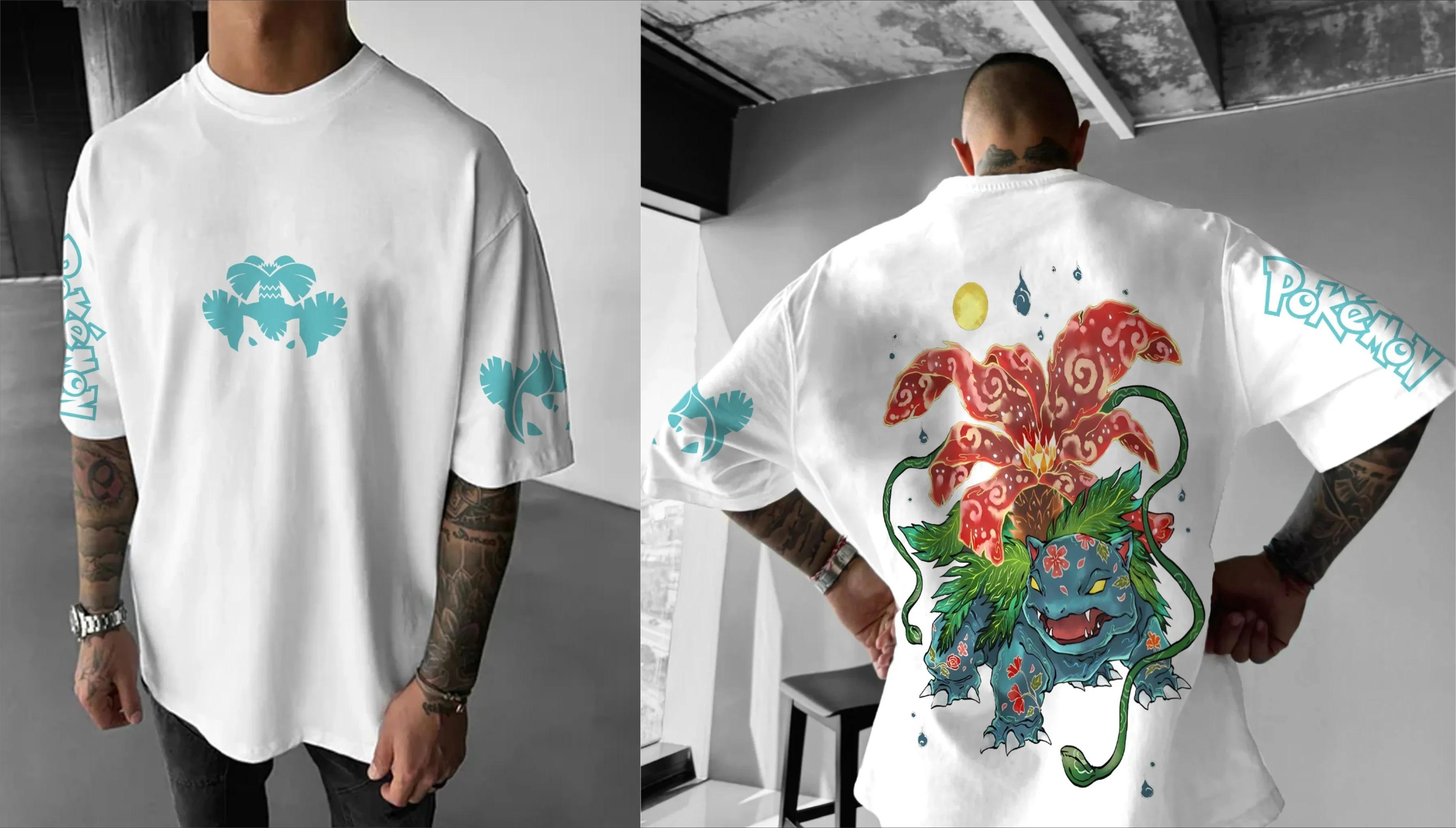 2026 Pokémon Japanischer Anime Merchandise Mimikyu Bisasam Kurzarm T-Shirt Pokémon Sommer Herrenmode Atmungsaktives Sportoberteil Y2K XXL schwarz