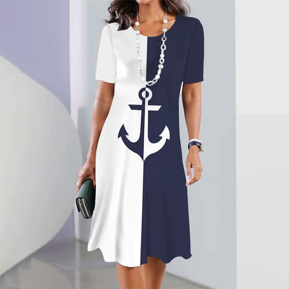 Damenkleider Ankerprint Urlaubs-Midikleider Damen Elegante Kleider 7XL white