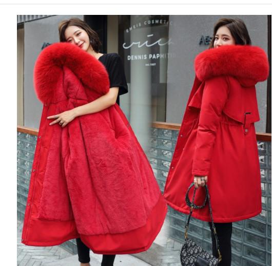 Frauen Herbst Winter Jacke Mantel Parka Verdicken Baumwolle Liner Mittel Lange Mit Kapuze Pelz Kragen Verstellbare Taille Einfarbig M-6XL M rot
