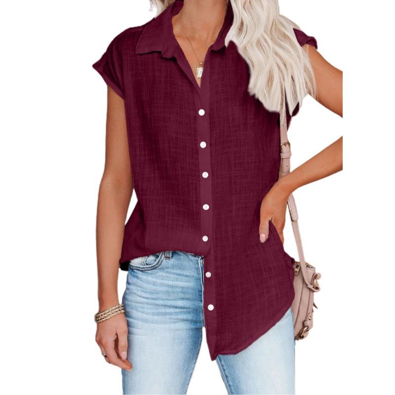 Sommer Ärmellos Einfarbig Locker Bluse Hemden Lässig Damen Umlegekragen Knopf Bluse Tops 5XL wein rot