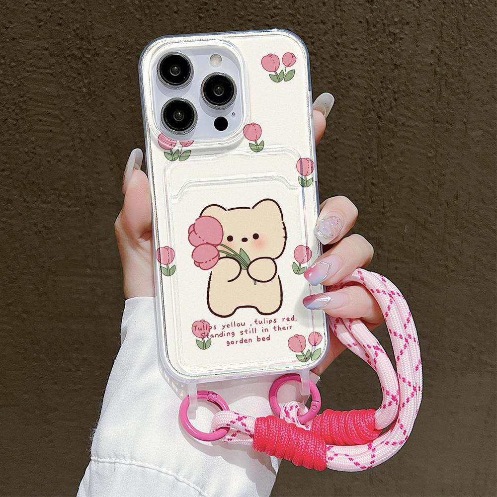 Niedliche Blumen Handyhülle Für iPhone 15 Pro Hülle iPhone 13 11 12 14 16 Pro Max 7 8 Plus XR XS SE Hängekette Kartenhalter Hülle For iPhone 12 12Pro