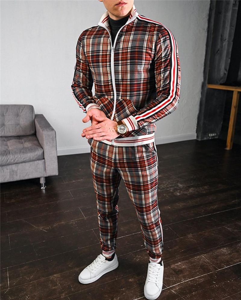 Herren-Sets, modische Jacken, Herren-Trainingsanzug-Sets, kariert, lässig, Reißverschluss-Set, Sommer-Trainingsanzug-Set, männliches Sweatshirt, Sportanzug S