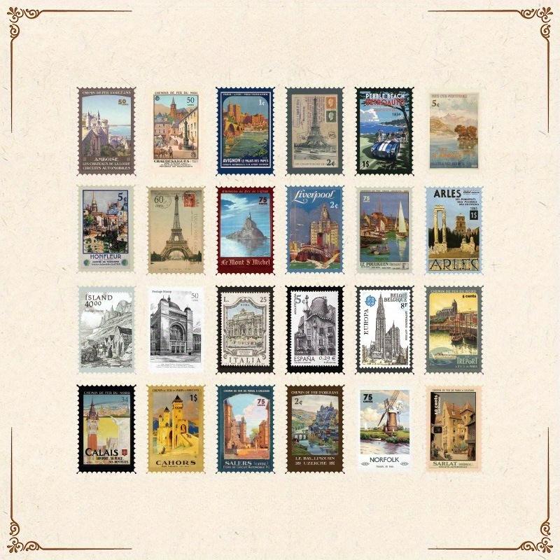 1 Pack/48 Stück Stempel Aufkleber Retro Literarisches Dekorationsmaterial DIY Handbuch Karte Collage Landschaftsaufkleber Selbstklebende Siegelaufkleber