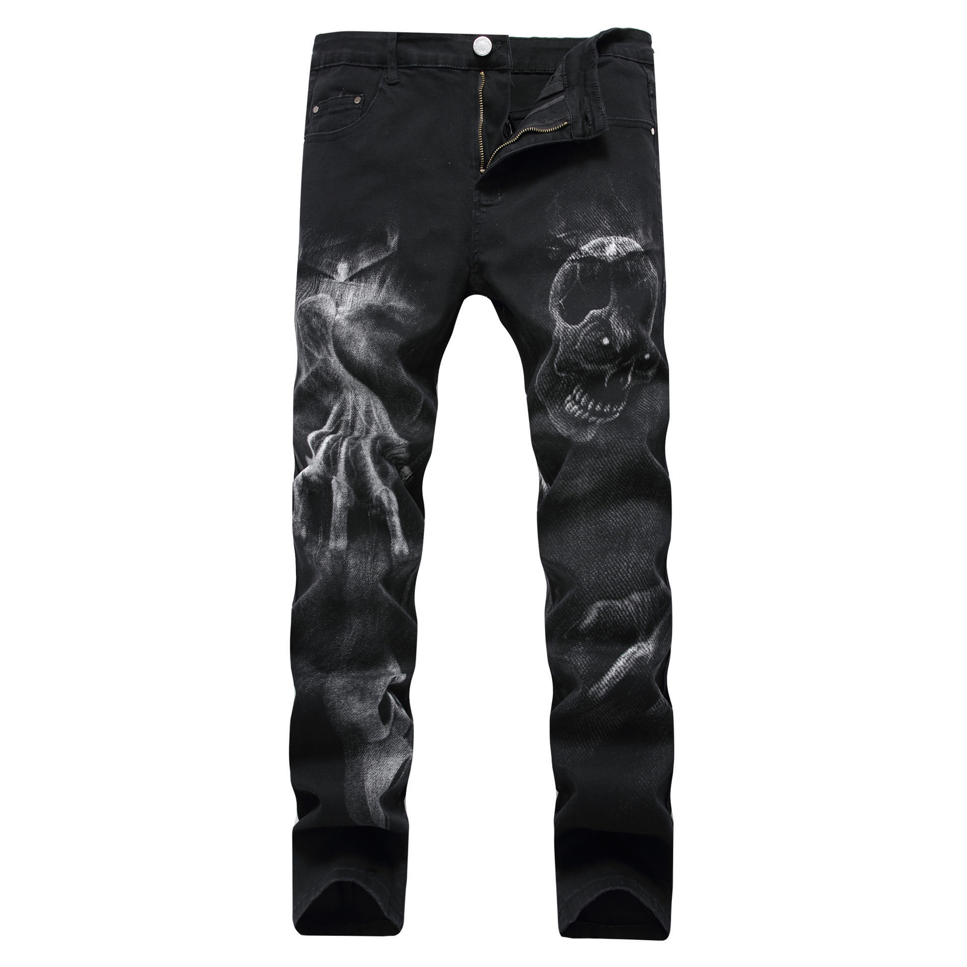 Jeans Herrenmode Wolf Head Print Hose Mittelhohe Jeans Winter Stretch Baumwolle Freizeithose XXL