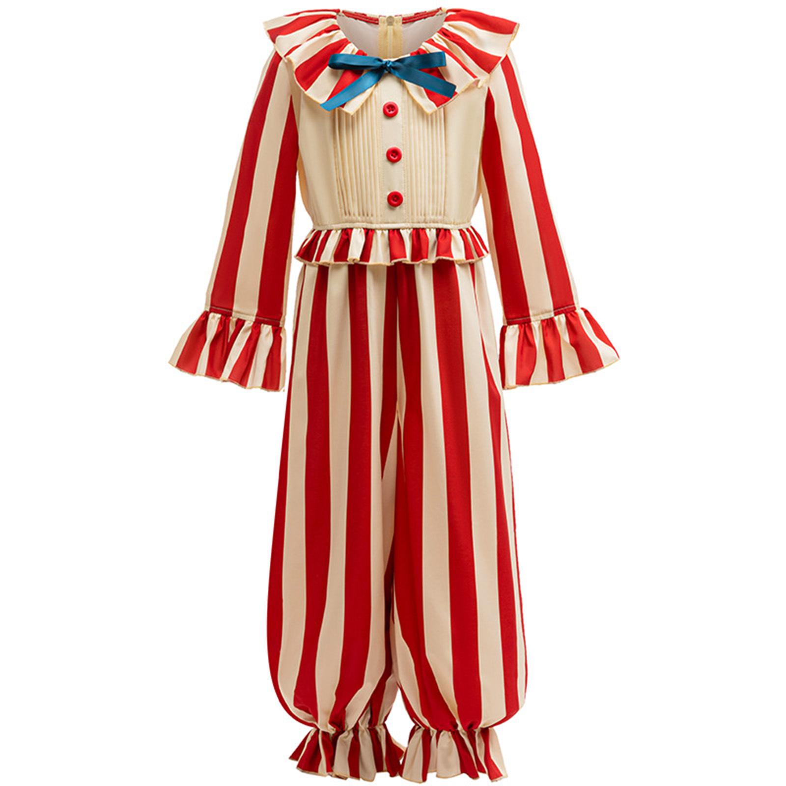 Unisex Kinder Clown Kostüm Overall Streifen Farbkontrast Rüschenkragen Fliege Schlagärmel Versteckter Reißverschluss Hose 8-9 Years rot