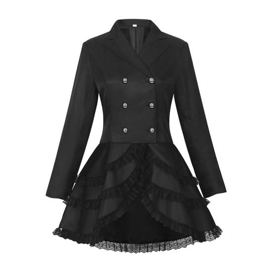Damen zweireihiger viktorianischer Steampunk Blazer Mantel Gothic Frack Jacke mit Spitzensaum Halloween Hochzeit Uniform Kostüm S schwarz