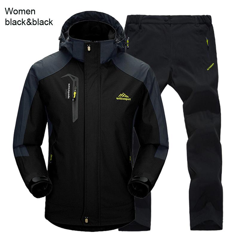 Damen Jacke Hose Wander Set Camping Frühling Herbst Outdoor Wasserdicht 20000MM Winddicht Anzug Trekking Mantel Hose 3XL black