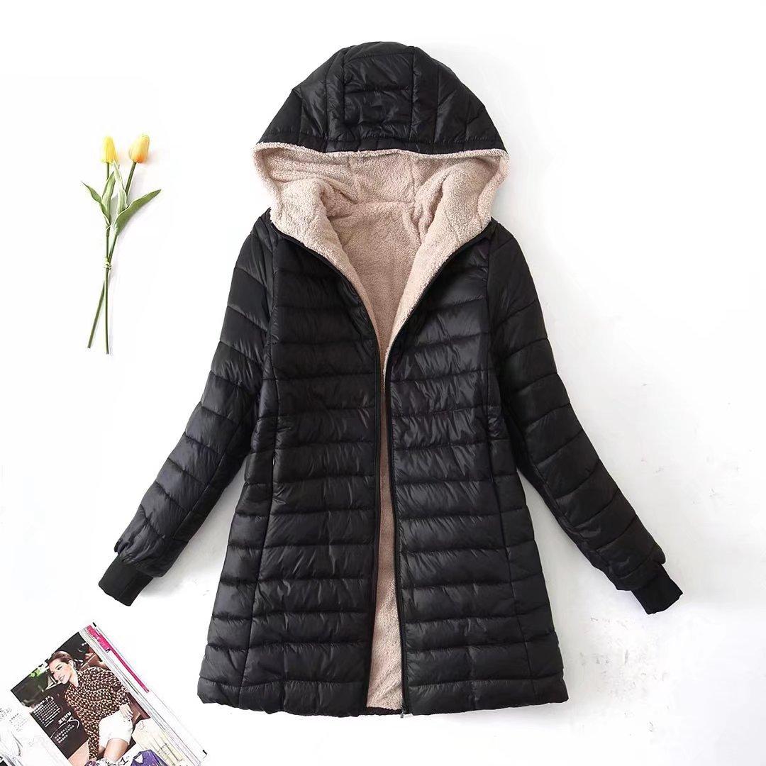 Damen Baumwolljacke Winter Herbst Lammfelljacken Damen Kapuzenwattierte Kleidung Damen Übergröße Langärmliger Ultraleichter Baumwollmantel S schwarz