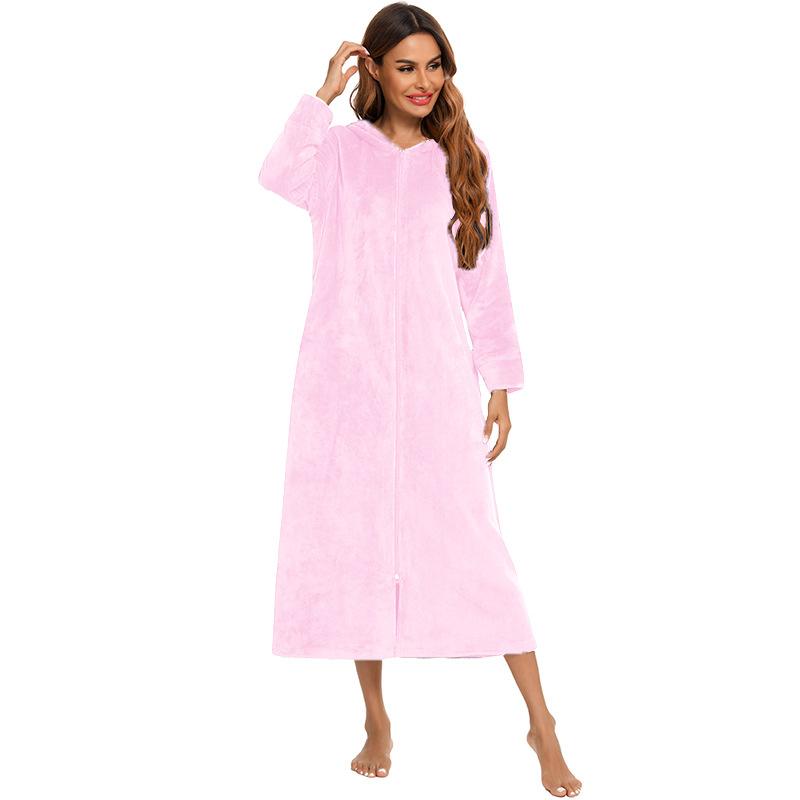 Damen-Bademantel aus Plüsch-Fleece mit Reißverschluss und Kapuze, warmer langer Bademantel, Morgenmantel, gemütlicher Winter-Reißverschluss, Liege-Nachtwäsche, Hausmantel, Loungewear-Nachthemd S rosa