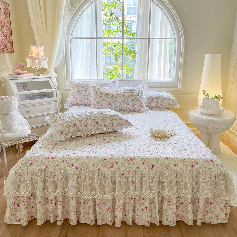 Prinzessin 1 Stück Spitze Bett Rock + 2 Stück Kissenbezüge Bettwäsche Tagesdecken Blatt Rosa Spitze Bettwäsche Set Bett Für Mädchen Bett Abdeckung Full 150x200cm 3pcs