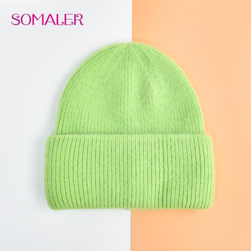 SOMALER Winter Angora Wolle Gestrickte Mütze Weich Warm Flauschig Kaninchenfell Strick Einfache Mützen für Damen chartreuse