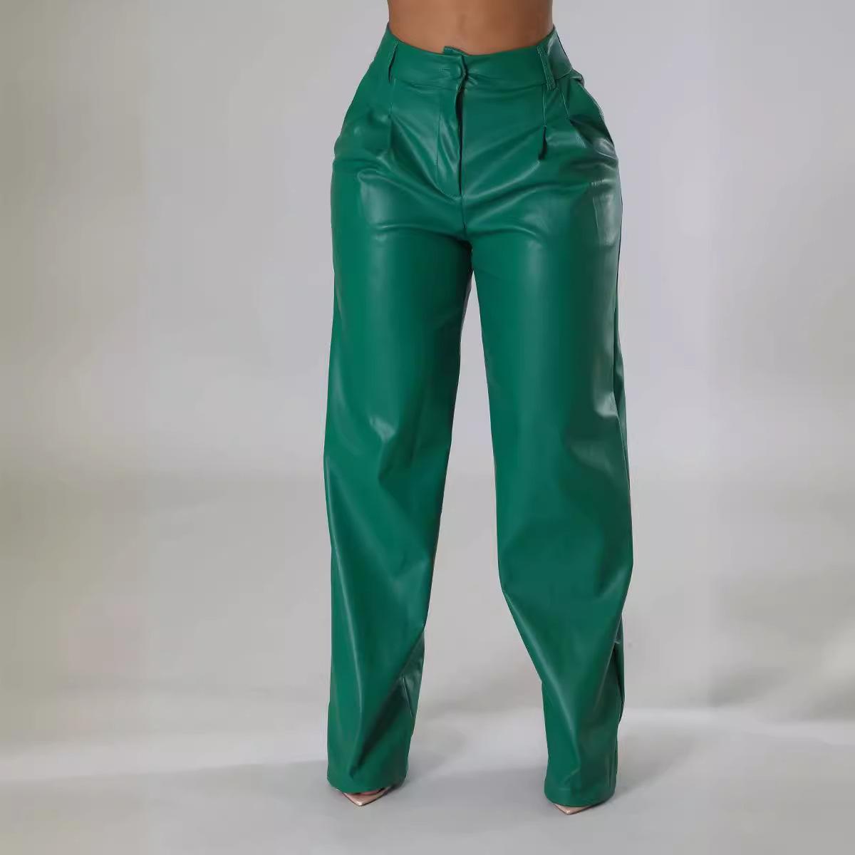 Damen Frühling Retro Lose Breite Beintasche Lässige Lederhose XXL grün