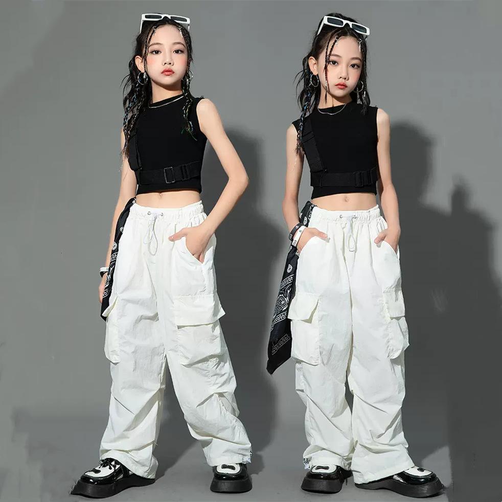 5-14 Jahre Kinder Hip Hop Joggers Hosen Hohe Taille Vintage Casual Streetwear Baggy Pants Mädchen Cargohose Teenager Gerade Hose 150 white