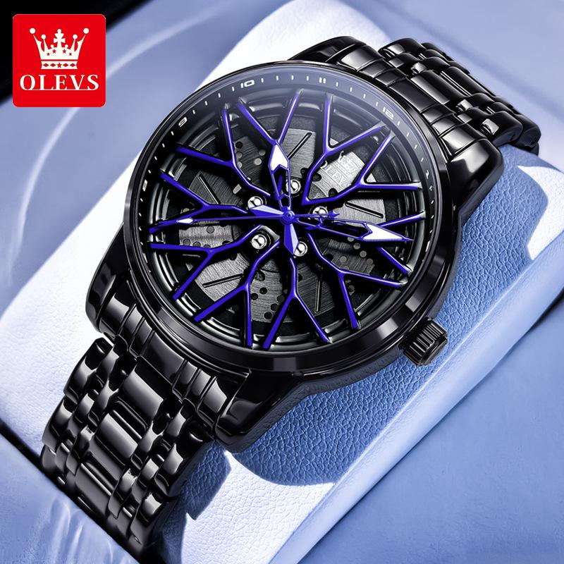 OLEVS Mode 360° Drehzifferblatt Sportwagen Felge Radnabe Quarz Uhr Herren Wasserdicht Edelstahl Herren Armbanduhr blau