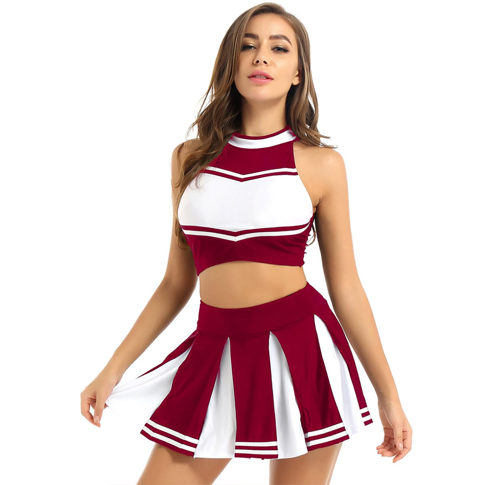 2-teiliges Damen-Cheerleading-Kostüm, Uniform-Outfit, ärmelloses Crop-Top mit Mini-Faltenrock S wein rot