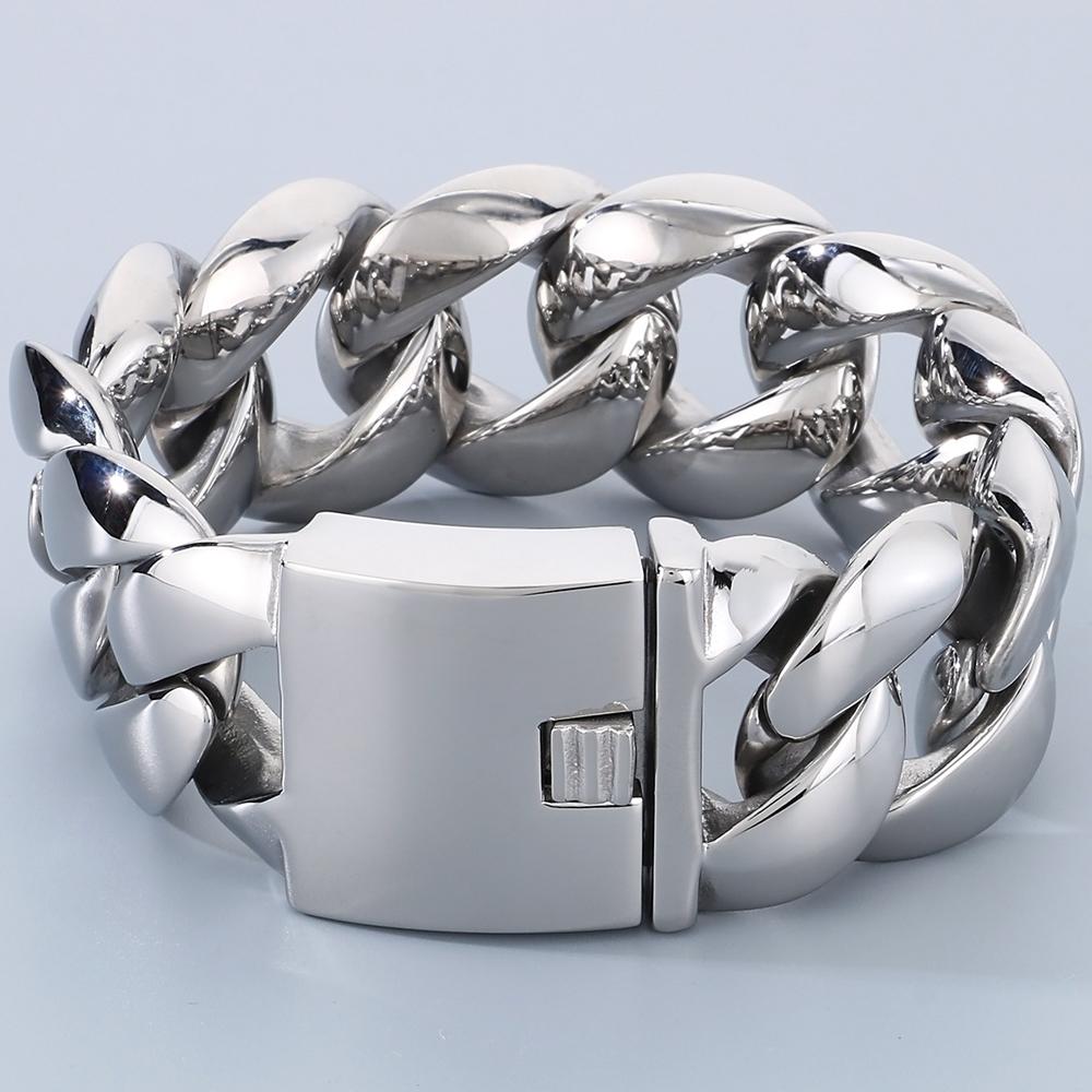 Massives Herrenarmband für Männer, polierter Edelstahl, 29 mm, Panzerkette mit kubanischer Gliederkette, Herrenarmbänder, Armband, Schmuckzubehör 23CM silber