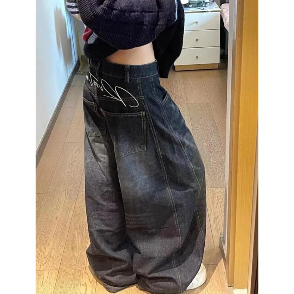 RogueWave Damenjeans Hohe Taille Vintage Design Hip Hop Straight Baggy Denimhosen Street Y2K Amerikanischer Stil Weites Bein Denimhose 4XL schwarz