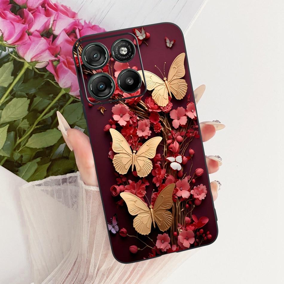Für Motorola Moto G17 Niedliche Blume Schmetterling Katze Bemalte Hülle Für Motorola MotoG17 G17 Power Schwarzes Silikon Weiche Handyhüllen Moto G17