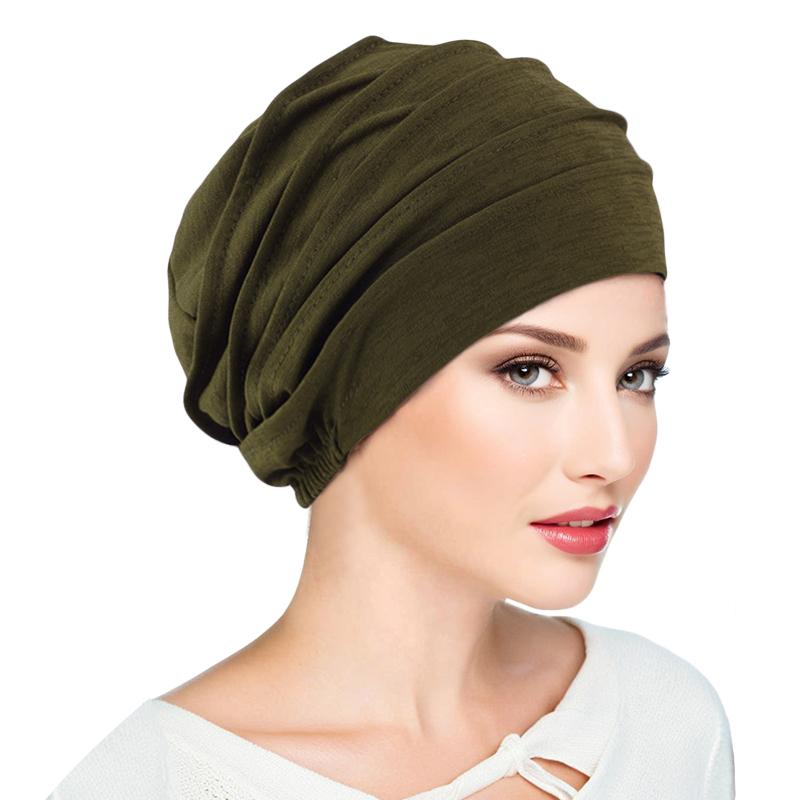 Muslimische Damen Stretch Schlaf Chemo Mütze Baumwolle Beanie Schlaf Hijab Turban Kopfbedeckung Kappe Kopftuch für Krebs Haarausfall Zubehör Size fits all armee grüne