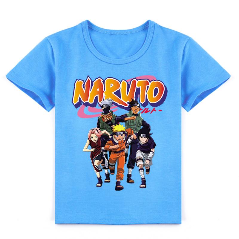 Kinderkleidung Naruto Mittelschule Kinder Cartoon Print Sommer beliebtes Kurzarm T-Shirt Y215 130cm hellblaue
