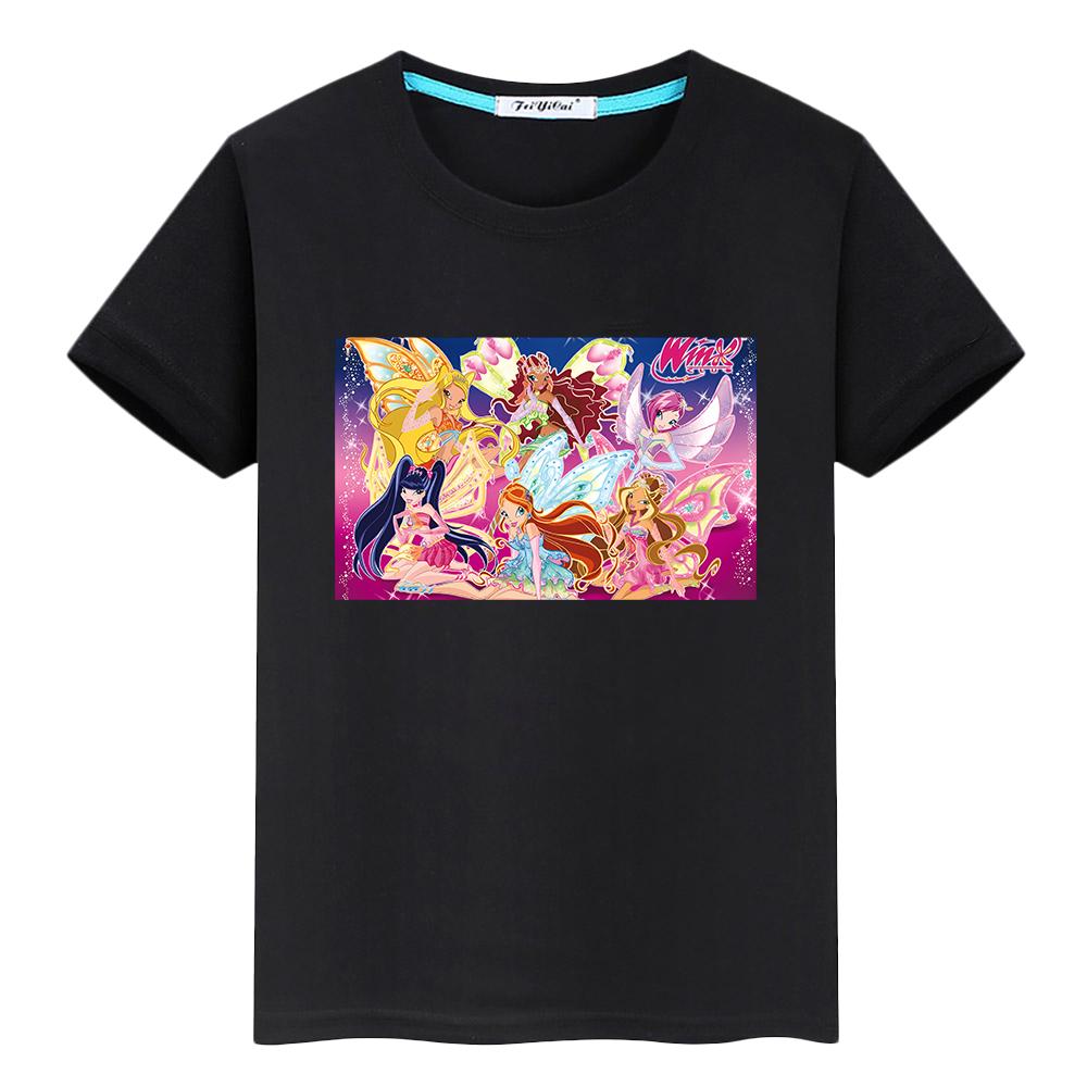 Winx Niedliche Tops T-Shirt für Kinder Jungen 10 Jahre Anime Kurz Winx Druck Cartoon 100% Baumwolle Pride T-Shirt Y2K Mädchen Kleidung Babykleidung 100 schwarz