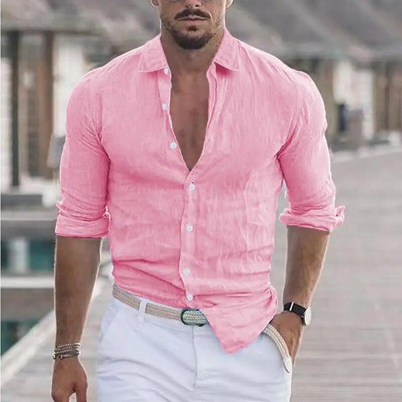 2024 neue männer Hemd Baumwolle leinen Mode Lässig Polo Neck Strand Hemd Langarm Solide Hawaiian Urlaub Shirts EU XL rosa