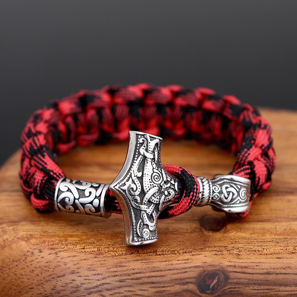 Edelstahl Titanstahl Thors Hammer Schwarzer Regenschirm Seil Handgefertigtes Armband Herrenschmuck Schwarz 19cm
