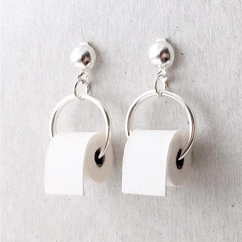 Lustige Ohrringe, 3D-Rollenpapier, baumelnde Ohrringe, geometrische Tropfen-Ohrringe, kreative Papierhandtuch-Toilettenpapier-Ohrstecker für Frauen silber