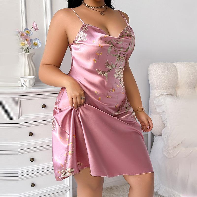 Übergröße Bedruckter Faux-Seiden-Pyjama für Damen, Sexy Polyester Neckholderkleid, Rückenfreies Hauskleid, Freizeit-Pyjama 1XL rosa