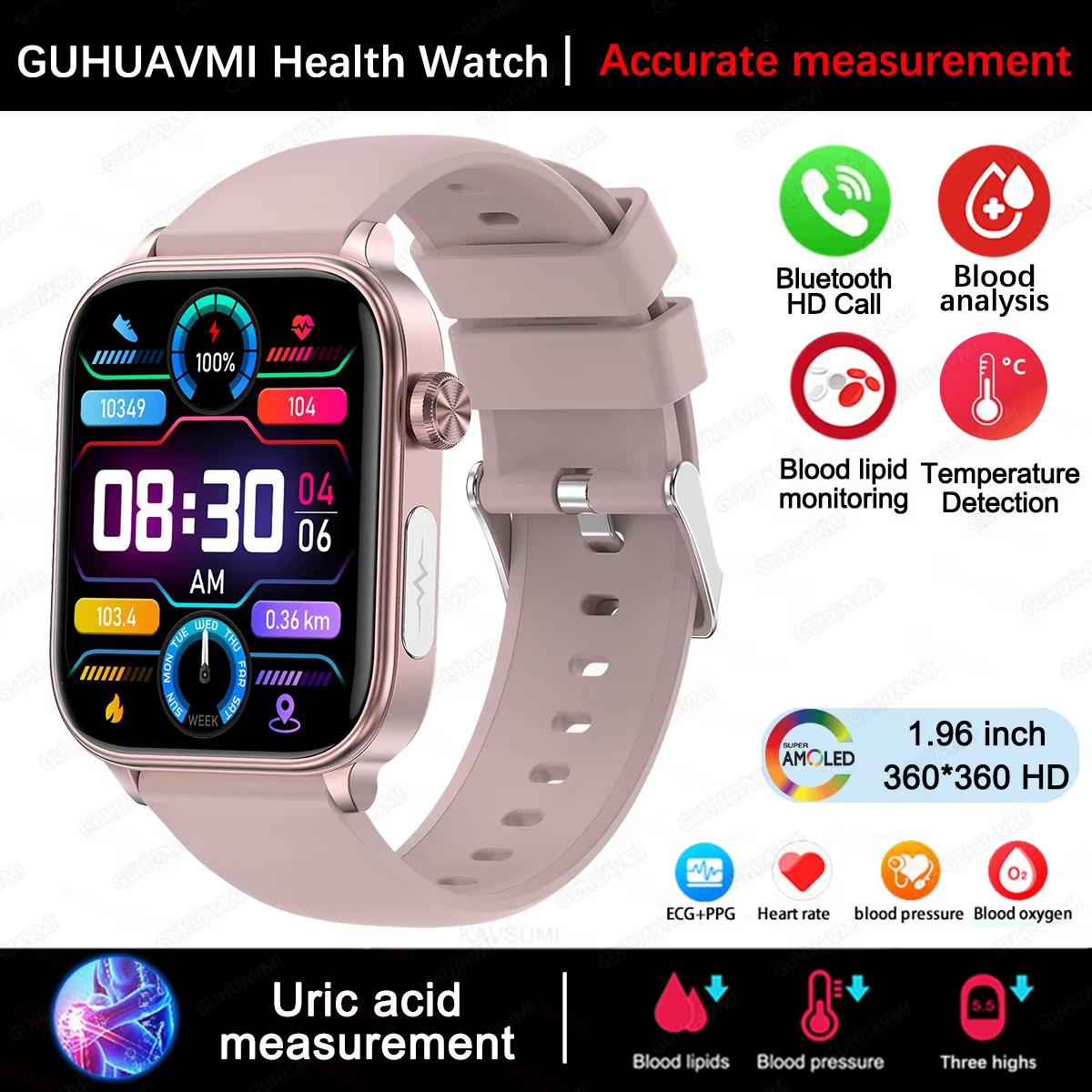 2025 Neue EKG+PPG Blutfett Harnsäure Gesundheits-Smartwatch Herren Damen Herzfrequenz Blutdruck Bluetooth Anruf Smartwatch für iOS Android Pink silicone belt